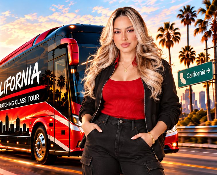 Natalie standing in front of the red California tour bus